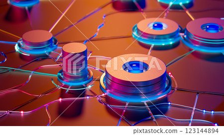 Vibrant Network: Illuminated Nodes and Glowing Connections in Abstract Form 123144894