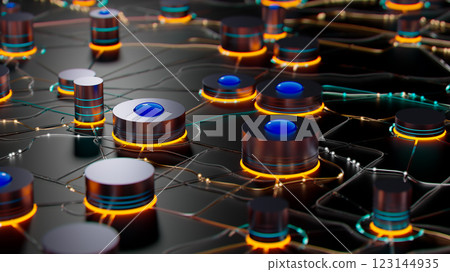 Cylindrical Data Network: Glowing Connections on a Dark Surface 123144935