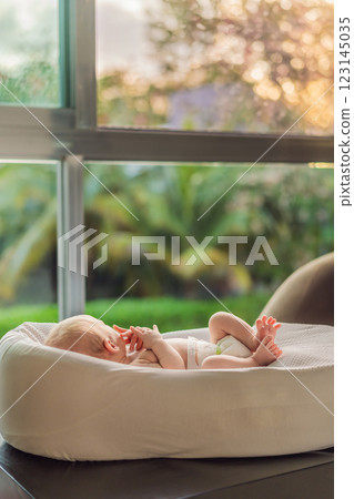 A newborn baby lies peacefully in their cozy sleep cocoon, gazing out of the window. A serene moment of curiosity and calm, symbolizing the early stages of life, peaceful reflection, and a connection A newborn baby lies peacefully in their cozy sleep cocoon, gazing out of the window. A serene moment of curiosity and calm, symbolizing the early stages of life, peaceful reflection, and a connection 123145035