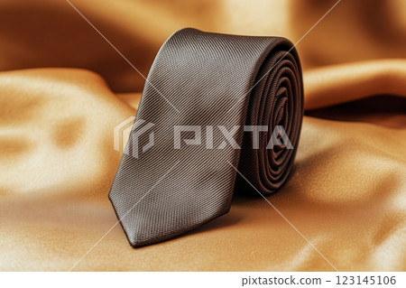 Elegant Silk Necktie on Luxurious Golden Fabric Background for Men's Fashion 123145106