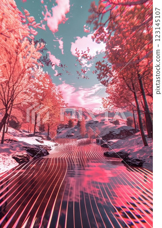 Virtual Reality Inspired Autumn Landscape with Neon Light Reflections Virtual Reality Inspired Autumn Landscape with Neon Light Reflections 123145107