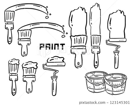 Paint brush, roller and bucket line drawing illustration set 123145301