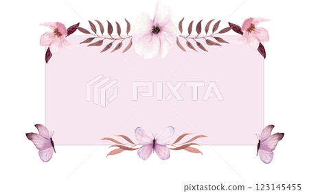 Watercolor pink tag wit flowers, butterflies and twigs, berries and butterflies on white background Watercolor pink tag wit flowers, butterflies and twigs, berries and butterflies on white background 123145455