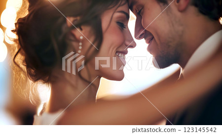 Couple dancing closely together with smiles in an intimate celebration during an evening wedding reception 123145542