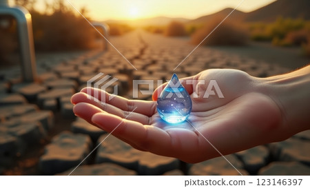 Gentle Hand Holding a Water Drop at Sunset 123146397