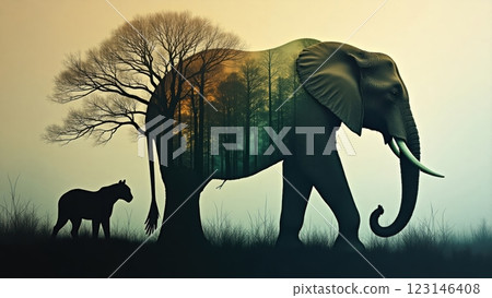 Majestic Elephant with Haunting Double Exposure Scene Majestic Elephant with Haunting Double Exposure Scene 123146408