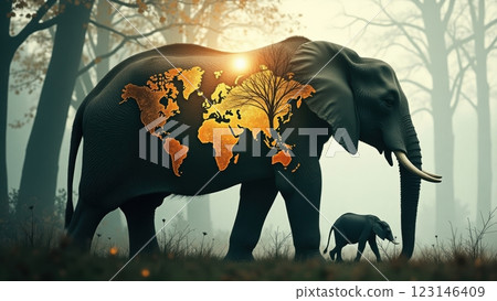 Majestic Elephant with World Map Overlay in Nature Majestic Elephant with World Map Overlay in Nature 123146409