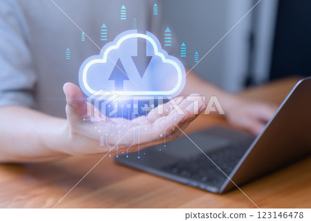 Business concept of big data analytics and business intelligence, data storage and transfer, networking and internet service and startup technology. Person use a laptop with cloud computing diagram. 123146478