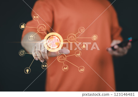 A hand touching a digital interface, connecting financial transactions, banking, and cloud data storage. The image illustrates modern control over financial technology through secure digital systems. 123146481