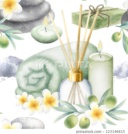 Olive soap aleppo, sea salt, towel, candles, aroma diffuser, stack pebbles, frangipani flowers and olive branches. Hand drawn watercolor isolated seamless pattern for packaging and spa salon design. Olive soap aleppo, sea salt, towel, candles, aroma diffuser, stack pebbles, frangipani flowers and olive branches. Hand drawn watercolor isolated seamless pattern for packaging and spa salon design. 123146615