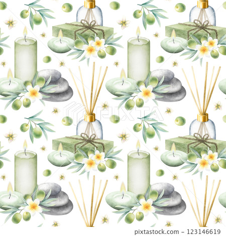 Olive soap aleppo, candles, aroma diffuser, stack pebbles, frangipani flowers and olive branches. Hand drawn watercolor isolated seamless pattern for packaging, textile, fabric and spa salon design. 123146619