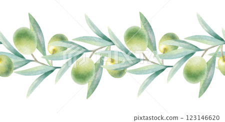 Olive branches with leaves and fruits in realistic style seamless border. Hand drawn botanical greenery watercolor isolated illustration with green olives for healthy food packaging tape, textile. 123146620