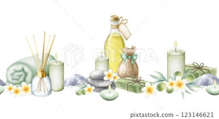 Olive oil, soap aleppo, sea salt, rolled up towel, candles, stack pebbles, frangipani flowers and olive branches. Hand drawn watercolor isolated seamless border for packaging tape, spa salon design. 123146621
