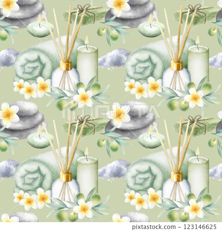 Olive soap aleppo, sea salt, towel, candles, aroma diffuser, stack pebbles, frangipani flowers and olive branches. Hand drawn watercolor seamless pattern on light olive color for spa salon design. Olive soap aleppo, sea salt, towel, candles, aroma diffuser, stack pebbles, frangipani flowers and olive branches. Hand drawn watercolor seamless pattern on light olive color for spa salon design. 123146625