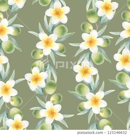 Olive branches with leaves, fruits and plumeria flowers seamless pattern on dark olive color. Hand drawn botanical watercolor illustration with green olives and frangipani for packaging, fabrics. Olive branches with leaves, fruits and plumeria flowers seamless pattern on dark olive color. Hand drawn botanical watercolor illustration with green olives and frangipani for packaging, fabrics. 123146632