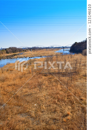 Beautiful scenery: Main stream of Arakawa River, downstream view from Shigetada Bridge, Fukaya City Beautiful scenery: Main stream of Arakawa River, downstream view from Shigetada Bridge, Fukaya City 123146810