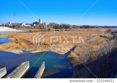 Beautiful scenery: Main stream of Arakawa River, downstream view from Shigetada Bridge, Fukaya City Beautiful scenery: Main stream of Arakawa River, downstream view from Shigetada Bridge, Fukaya City 123146811