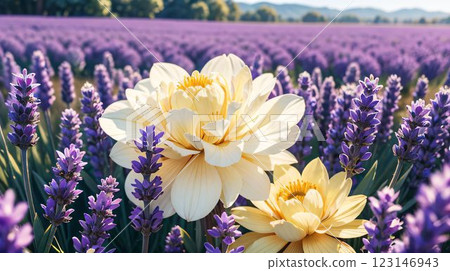 Lavender fields and white flowers in soft light v 123146943