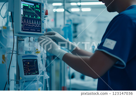 A clinical engineer operates medical equipment in an intensive care unit. A clinical engineer operates medical equipment in an intensive care unit. 123147036