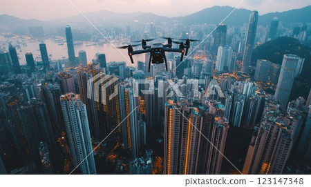Drone aerial view of Hong Kong cityscape at dawn. 123147348