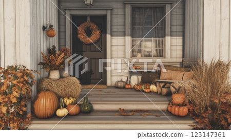 Cozy autumn porch with pumpkins, fall decor, and wreath. 123147361