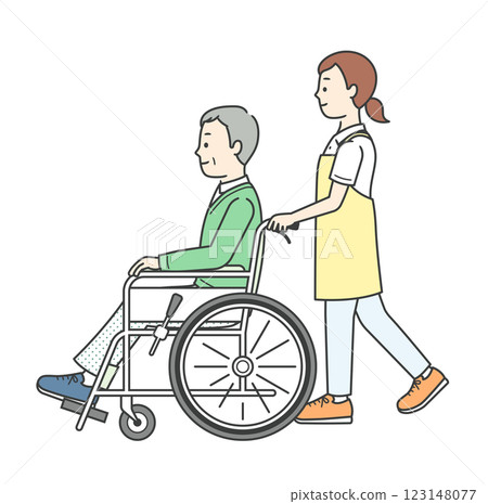 A sideways illustration of an elderly man in a wheelchair and a young woman assisting him 123148077