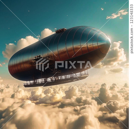 An airship flying on a beautiful sunny day. A sunny day, an airship flies above the clouds. 123148333