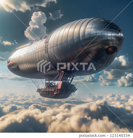 An airship flying on a beautiful sunny day. A sunny day, an airship flies above the clouds. 123148334