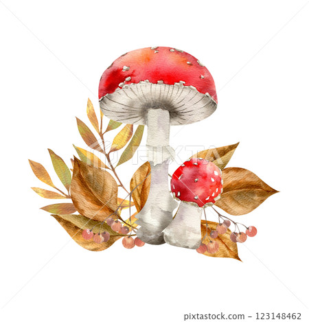 Autumn mushroom composition with red fly agaric and colorful autumn leaves illustration. Hand drawn fall seasonal clipart with forest botanical objects for harvest season poster,card design 123148462