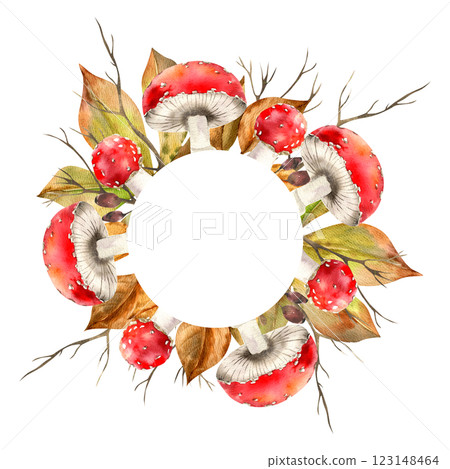 Fly agaric wreath with autumn colorful leaves and bare branches.Hand drawn fall seasonal frame with copy space, forest botanical clipart for harvest poster, card, packing design 123148464