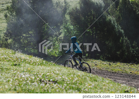Riding mountain bike in the beautiful mountains 123148844