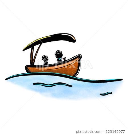 Cartoon wooden boat in the sea, boat silhouette with textured color illustration, black outline Cartoon wooden boat in the sea, boat silhouette with textured color illustration, black outline 123149077