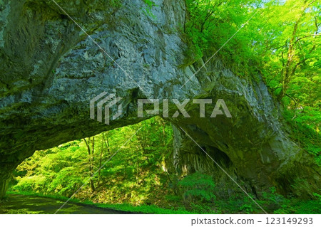 View from the upstream side of Obashi Bridge at Taishaku Gorge, surrounded by fresh greenery. Ver1 123149293