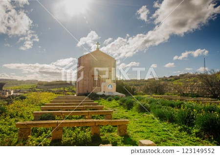 Serene Countryside Chapel Under Bright Sky Historic Stone Church with Outdoor 123149552