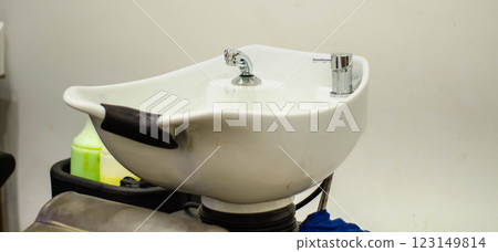 Professional Hair Washing Sink at Salon, Shampoo Basin, banner , camapaing  123149814