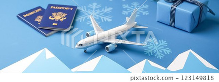 Adventure and Holiday Travel Concept Toy Airplane, Passports, and Gift copy space  123149818