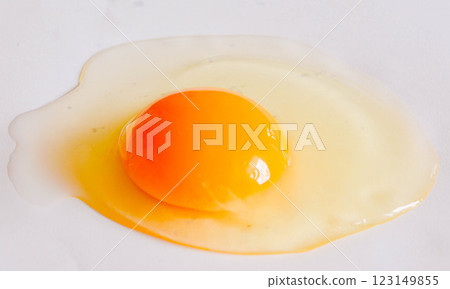 Cracked Egg with Runny Yolk on White Background Macro Food Photography 123149855