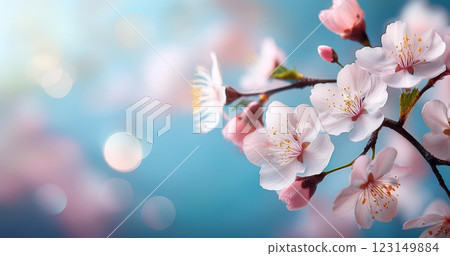 Close-up of cherry blossoms in full bloom against a blue sky Close-up of cherry blossoms in full bloom against a blue sky 123149884