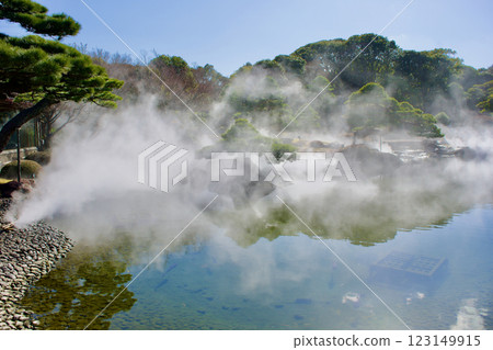 A beautiful Japanese garden in the mysterious, misty shadows of the mountains A beautiful Japanese garden in the mysterious, misty shadows of the mountains 123149915