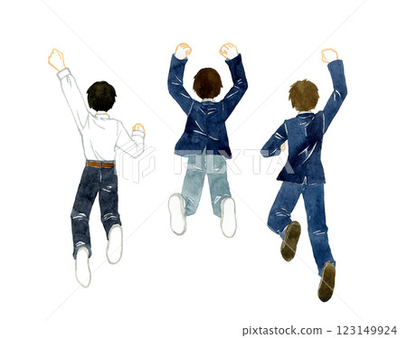 跳躍的男學生的背影（3 套）手繪水彩人物插畫 123149924