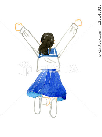 身穿水手服跳躍女學生的背影。 身穿水手服跳躍女學生的背影。 123149929