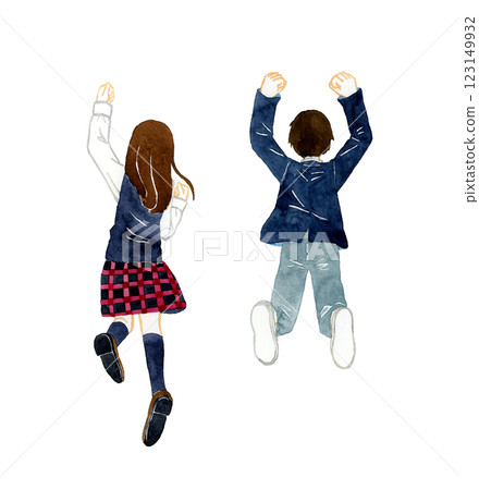 Back view of jumping female and male students Hand-drawn watercolor illustration of people 123149932