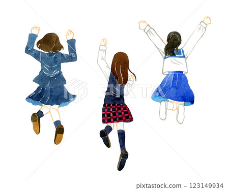 Back view of jumping female students (set of 3) Hand-drawn watercolor illustration of people Back view of jumping female students (set of 3) Hand-drawn watercolor illustration of people 123149934