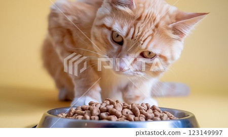 Ginger Tabby Cat Enjoying Cat Food on Soft Yellow Background Perfect for Pet Campaigns 123149997