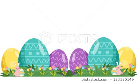 Colorful Easter Eggs and Cute Bunny Illustration Festive Spring Holiday Background copy space  123150149
