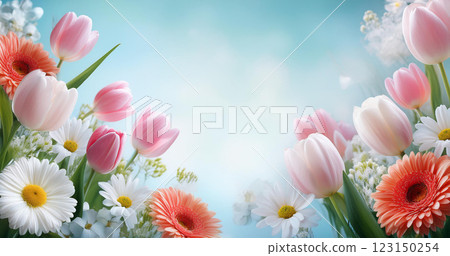 Tulip and gerbera arrangement on blue background 123150254