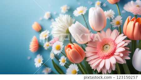 藍色背景上的鬱金香和非洲菊佈置 123150257