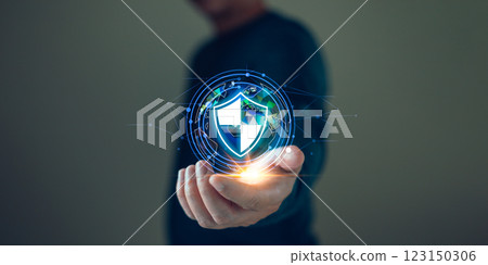 Businessmen protect personal data information from viruses on a laptop with virtual screen interfaces. Cybersecurity and privacy protection network security computer and safe data concept. 123150306