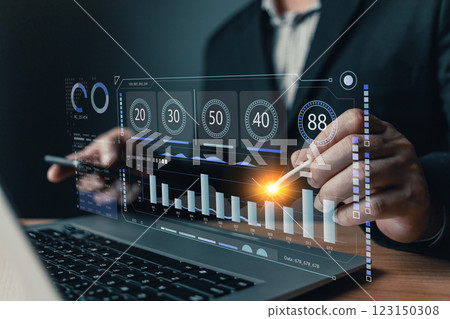 Business online digital market. businessman use graphs report and progress of business and analyze financial,and investment. Use technology to plan strategy to success goals and growth stock. 123150308