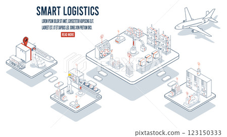 Smart logistics combines warehouse management with wireless technology and automated robots AGVs and AMRs for efficient material handling. 123150333